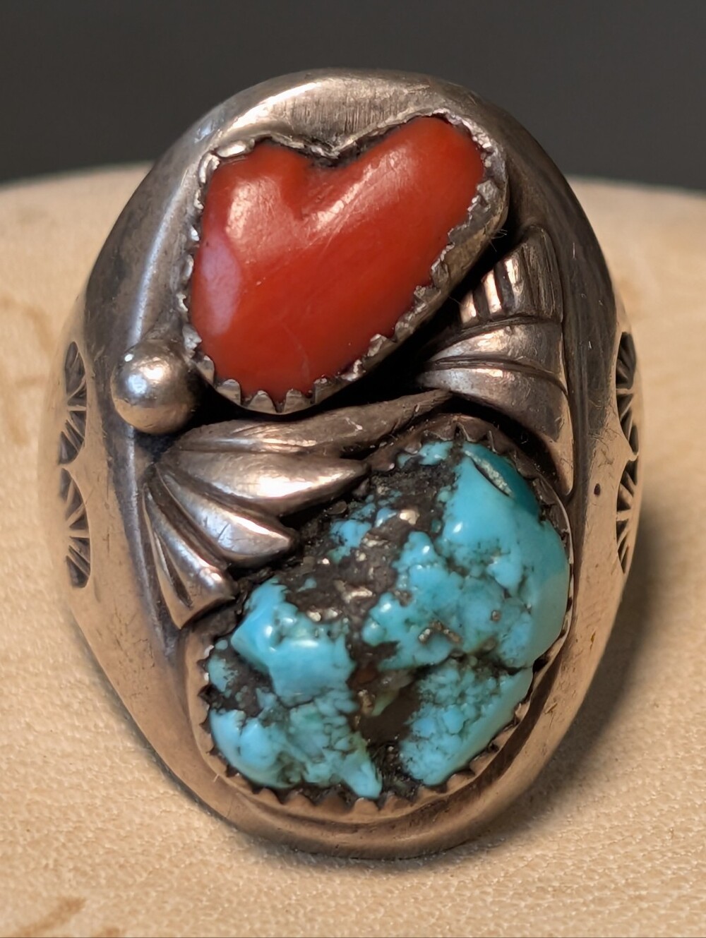 Vintage Navajo Sterling Turquoise Coral Ring Chunky 28g Signed Native American